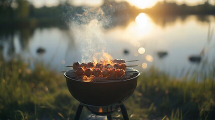 Sunset BBQ grilling skewers by lake.