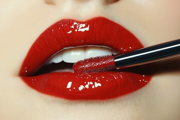 Woman applying glossy red lipstick with brush. Closeup view of female lips. Luxurious makeup application. Sensual, glamorous beauty concept. Attractive lady with bright lipstick, elegant style. Focus