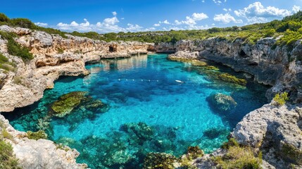 Fototapeta premium Serene Coastal Cave with Crystal Clear Water and Lush Greenery