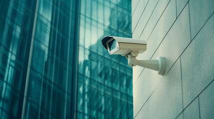 Close up of white security camera mounted on wall, overlooking modern glass building, ensuring safety and surveillance in urban environment