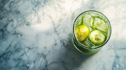 Refreshing cucumber and lime drink served over ice on a marble surface