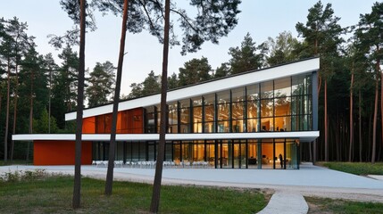Fototapeta premium Modern Glass Architecture Surrounded by Lush Forest Landscape