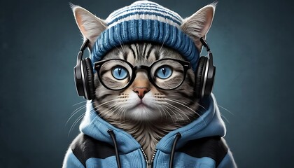 Stylish Cat with Headphones and Glasses Listens to Music