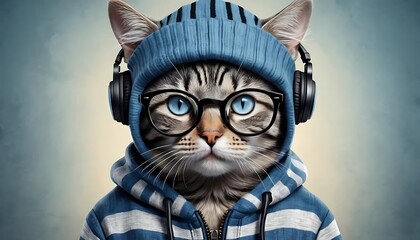 Stylish Cat Wearing Headphones and Glasses