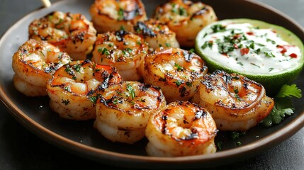 Grilled shrimps or prawns served with lime, garlic and white sauce on a dark concrete background. Seafood. Top view with copy space. Flat lay.