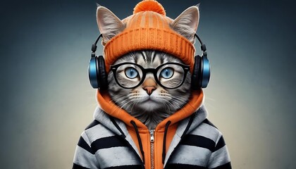 Stylish Cat Wearing Headphones and Glasses, Perfect for a Fun Stock Photo