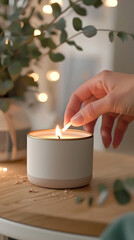 A close-up view of a person lighting a scented candle, with a soft, warm glow illuminating the wick, creating a cozy and inviting atmosphere.
