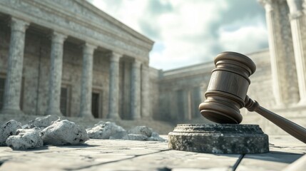 Ancient Justice: Gavel in Front of Ruined Classical Temple, Symbol of Legal System Collapse