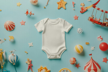  White baby onesie surrounded by circus-themed decorations on blue background with copy space