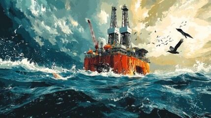 Obraz premium Oil Rig in Ocean Leaking Oil into Water Amidst Choppy Seas
