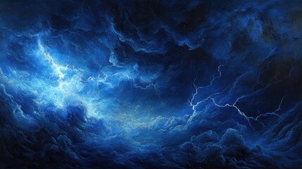 A dramatic depiction of stormy clouds illuminated by vibrant blue lightning.