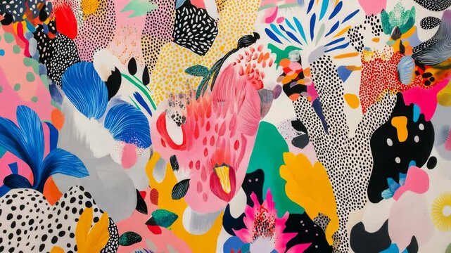 Colorful abstract artwork featuring bold patterns and vibrant floral designs at an art exhibition