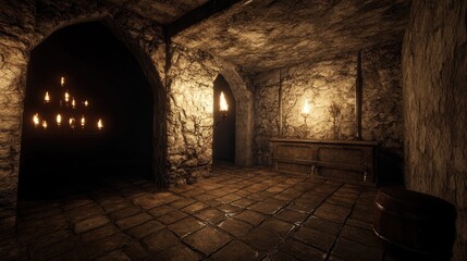 Obraz premium A dimly lit stone chamber with arches, lanterns, and a wooden chest.
