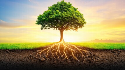 Obraz premium Vibrant Tree with Exposed Roots Against a Stunning Sunset Sky