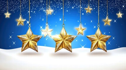 Golden Stars Hanging Against a Blue Winter Background