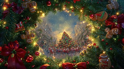 Fototapeta premium Festive Christmas Scene with Decorative Wreath and Colorful Tree