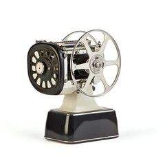 Fototapeta premium Vintage film projector featuring detailed mechanics, set against a clean white background.
