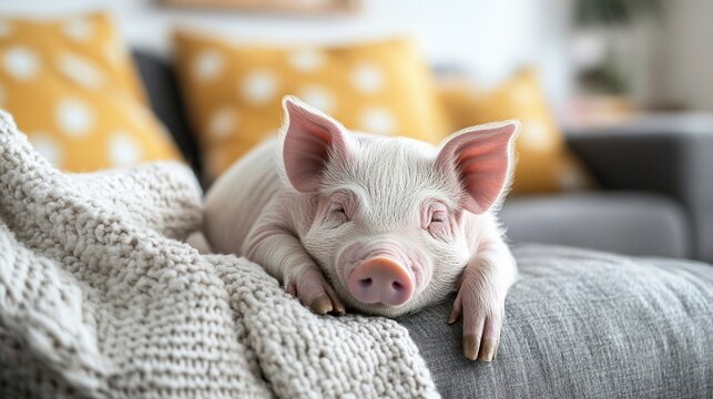 Cute little piggy stays on cozy sofa in a living room