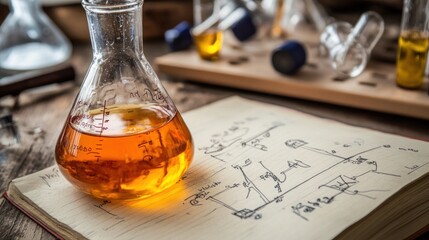 A detailed view of a lab notebook with chemical formulas and sketches 