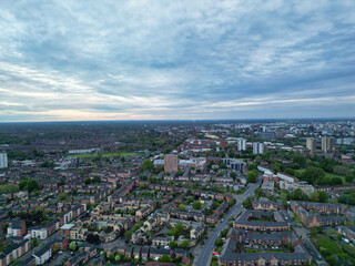 Aerial View of Buildings at Greater Manchester Central City, Northwest of England, United Kingdom. Aerial View Footage Was Captured with Drone's Camera on May 4th, 2024 During Sunset Time.