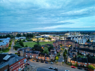 Aerial View of Buildings at Greater Manchester Central City, Northwest of England, United Kingdom. Aerial View Footage Was Captured with Drone's Camera on May 4th, 2024 During Sunset Time.