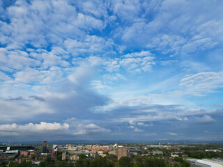 Aerial View of Buildings at Greater Manchester Central City, Northwest of England, United Kingdom. Aerial View Footage Was Captured with Drone's Camera on May 4th, 2024 During Sunset Time.