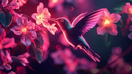 Fototapeta premium Hummingbird in flight, neon pink flowers.