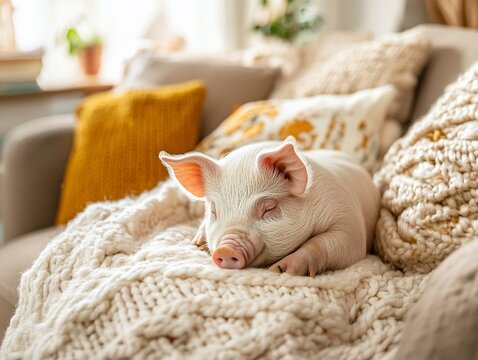 Cute little piggy stays on cozy sofa in a living room