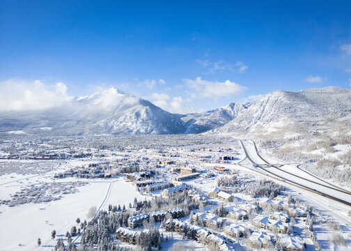 A view of snowy Frisco, Colorado in the Rocky Mountains 