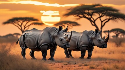 Fototapeta premium Stunning Wildlife Scene of Two Rhinos Walking Through African Savanna at Sunset, Featuring Majestic Acacia Trees and Golden Light, Perfect for Nature Lovers, Safari Enthusiasts, and Conservation Aware