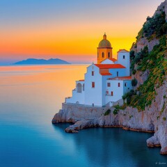 Fototapeta premium [Serene coastal landscape with picturesque white church and clock tower] Serene Coastal Church at Sunset Traditional White Architecture Against Soft Blue Ocean Skies