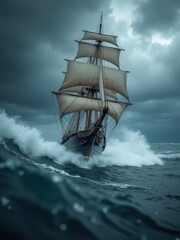 Obraz premium A majestic sailing vessel rides a monstrous wave in a tempestuous sea, its billowing sails and wooden hull battered by turbulent water