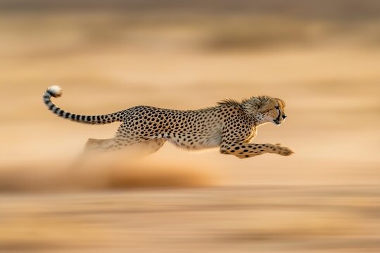 Fast cheetah runs through desert. Wildlife predator in action. Powerful animal in savanna. Safari scene. Nature photo. Quick motion in natural environment. African big cat. Spots on fur visible in