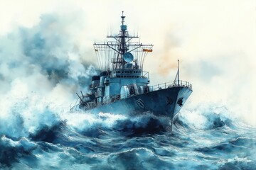 Fototapeta premium Indian navy frigate navigates rough ocean. Powerful warship confronts stormy sea. Strong waves crash against vessel. Military vessel faces intense maritime weather. Naval ship sails through rough
