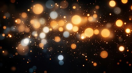 Obraz premium Golden, warm bokeh lights float against dark background. Festive, cozy atmosphere. Soft warm light gives enchanting feeling. Abstract, blurred lights create magical visual. Perfect for celebration,