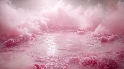 Obraz premium Surreal Pink Clouds Over Calm Water Surface in Dreamy Landscape