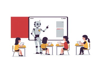 Fototapeta premium ロボット - 教室 - 子供 - 授業 - 先生 - 生徒 - 学習 - イラスト
