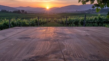 Fototapeta premium Rustic Wooden Tabletop at Sunset Vineyard Wine Country Background