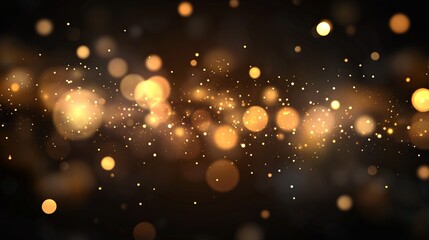 Dark abstract background with gold bokeh sparkles and glowing light