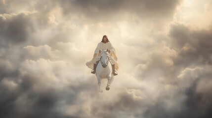 Jesus rides white horse through cloudy sky. Powerful figure represents victory over evil. Image shows religious themes of redemption, faith. Triumphant portrayal evokes sense of hope, salvation.