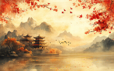 Fototapeta premium Chinese traditional ancient architecture art illustration