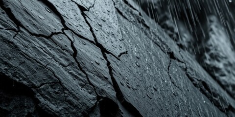 Close-up view of wet, rugged rock formations with sharp edges, covered in raindrops, creating a moody, natural, and textured atmosphere