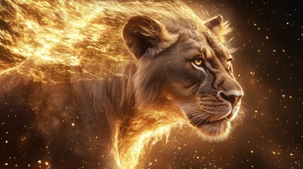 Fiery Lioness: A Majestic Blaze of Golden Light and Power