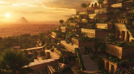 The Hanging Gardens of Babylon: A Golden Sunset Over Ancient Wonder