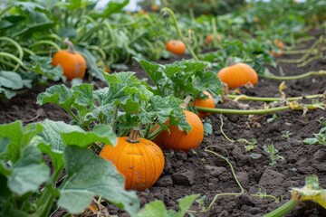Ripe pumpkins growing in a lush field under soft natural light during the autumn harvest season