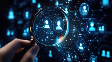 A magnifying glass over digital user icons and connections, symbolizing data analysis.