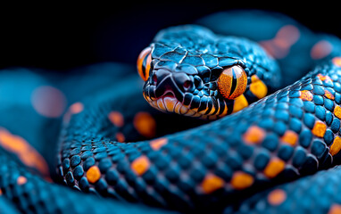 Obraz premium A snake with orange and black stripes is curled up on the ground. The snake's eyes are open and it is looking at the camera