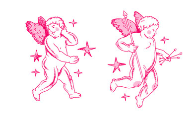 Cherub outlines and line art for Valentine's Day. Symbol of love and romantic. Antique Angel Baby Cupid illustration for printing on cards, invitations, tattoo, clothing art