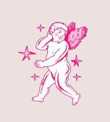 Cherub outlines and line art for Valentine's Day. Symbol of love and romantic. Antique Angel Baby Cupid illustration for printing on cards, invitations, tattoo, clothing art