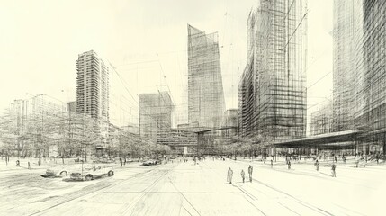 Obraz premium Sketch of a modern city skyline with people walking on a wide street.